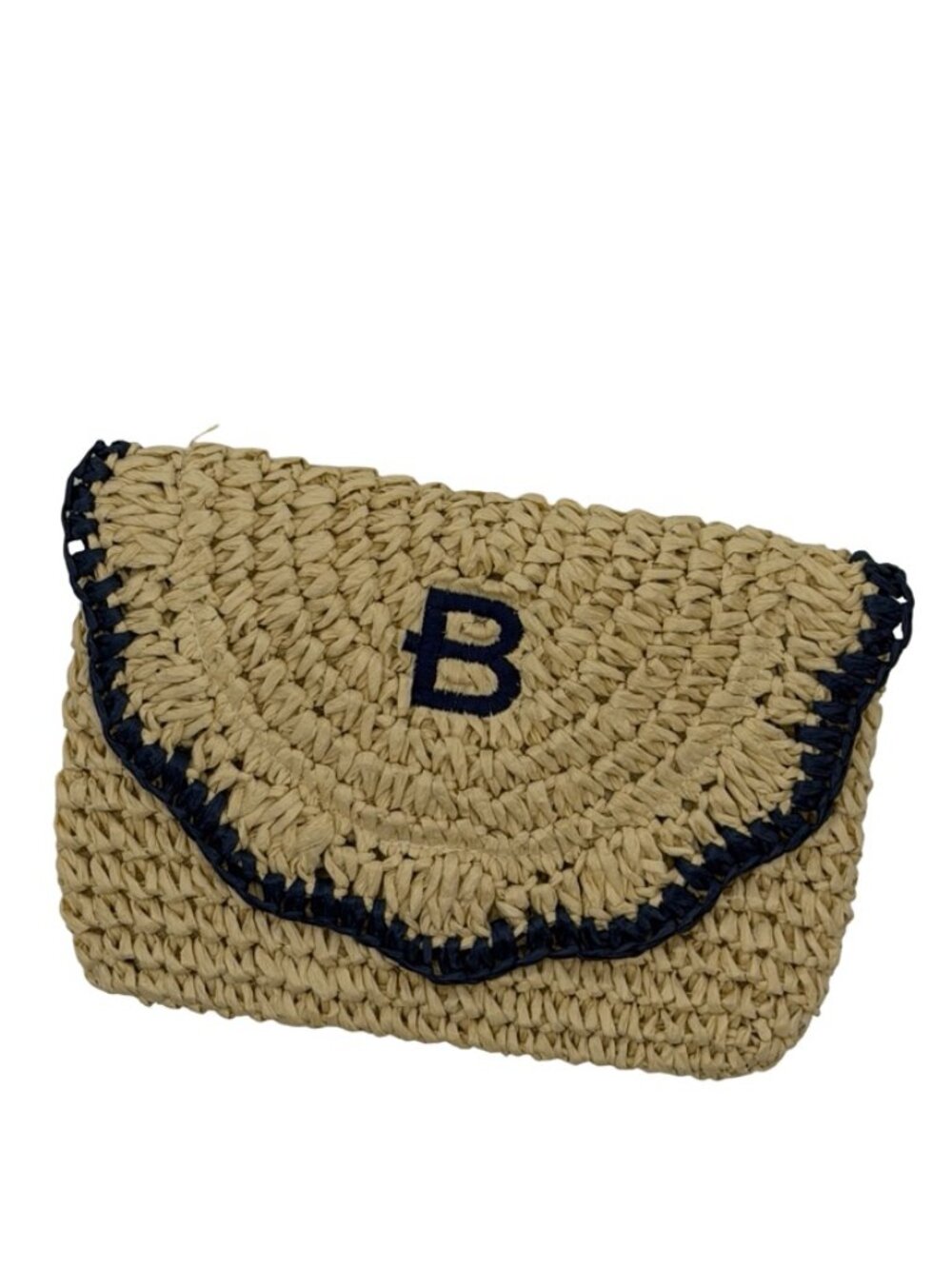 Mark & Graham Monogram B Raffia Straw Envelope Clutch Beige Navy